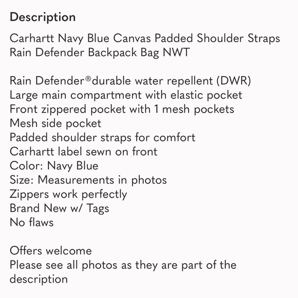 Carhartt Navy Blue Canvas Padded Shoulder Straps Rain Defender Backpack Bag NWT - Picture 9 of 9